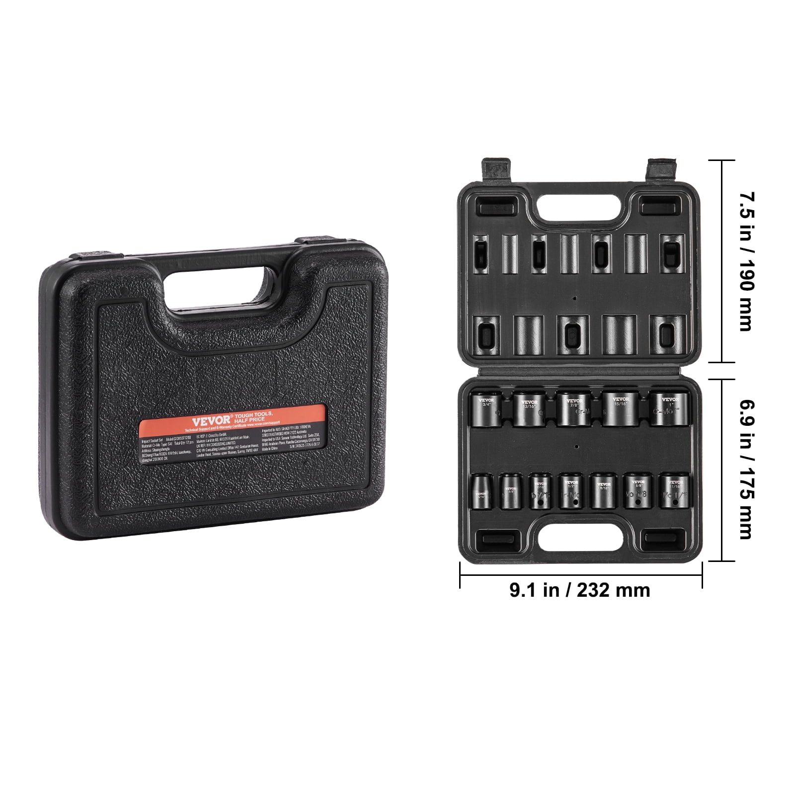 VEVOR 3/8" Drive Impact Socket Set, 12 Piece Shallow Socket Set SAE 5/16"-1", 6 Point Cr-Mo Alloy Steel for Auto Repair, Easy-to-Read Size Markings, Rugged Construction, Includes Storage Case