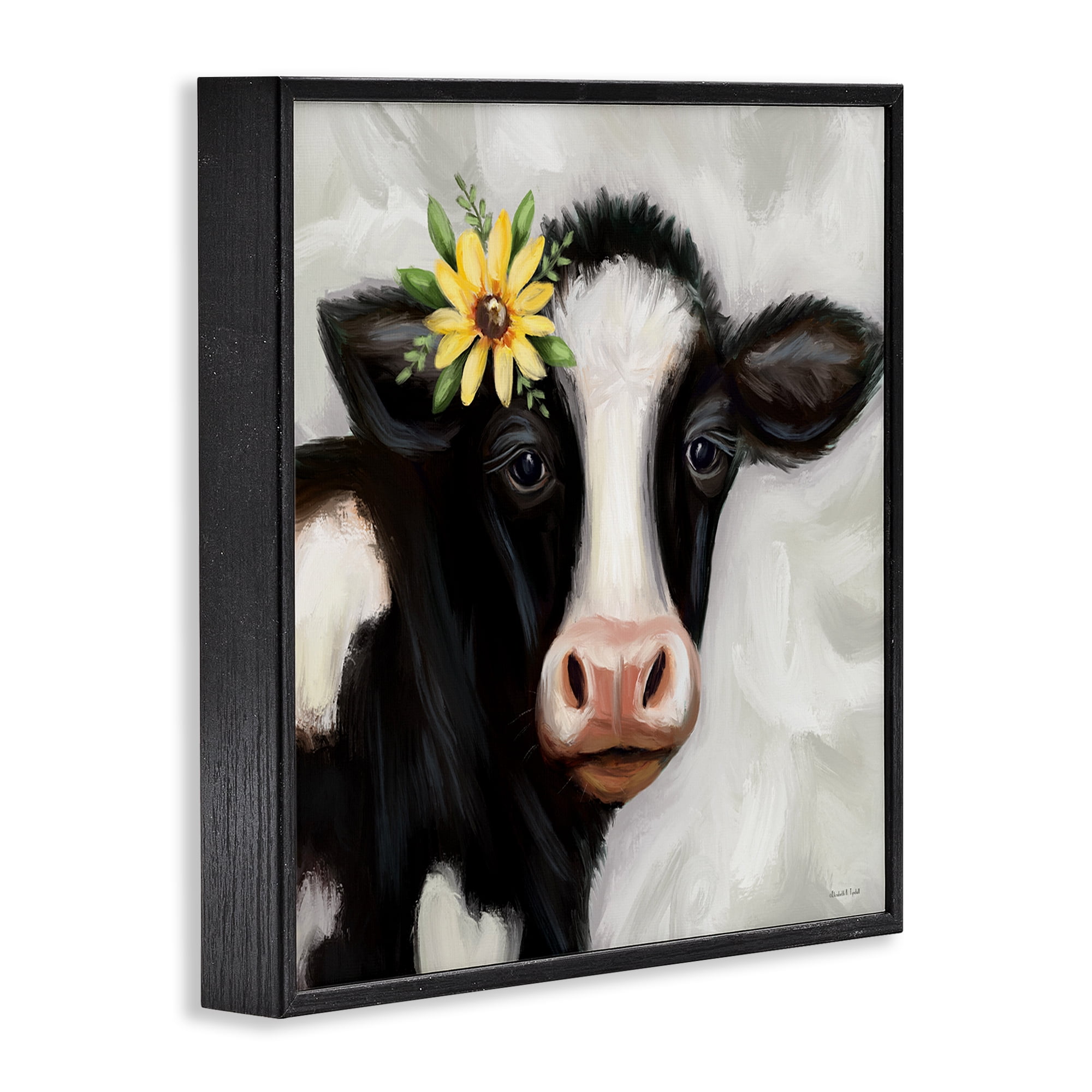 Stupell Industries Cow with Yellow Daisy Animals & Insects Painting Black Framed Art Print Wall Art, 24 x 24