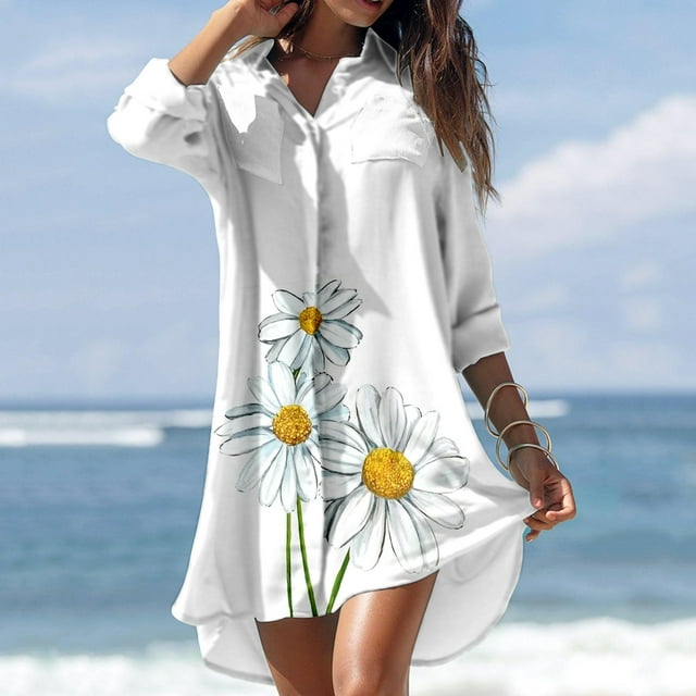 Maillots de Bain pour Femmes Été Décontracté Col Rabattu Manches Longues Imprimé Blouse Boutons avec Poche Chemises Robes Maillots de Bain en Liquidation