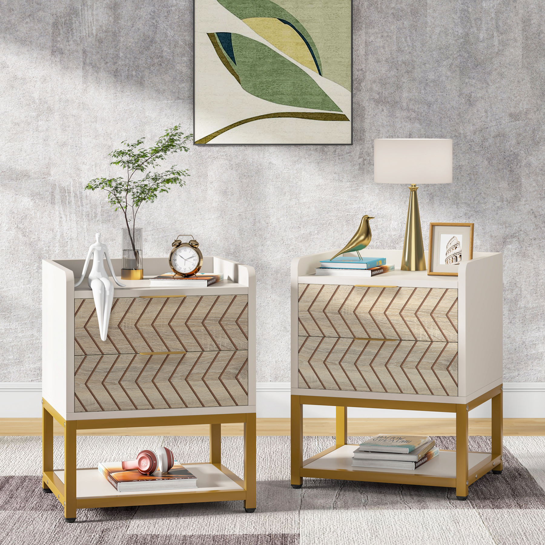 Set of 2 Gold White Nightstands Bedside Table for Bedroom