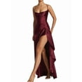 thumbnail image 3 of Women'S V-Neck Sleeveless Satin Ruffle Hem Tight Long Casual Open Back High Slit Cocktail Dress Wine Red S, 3 of 9