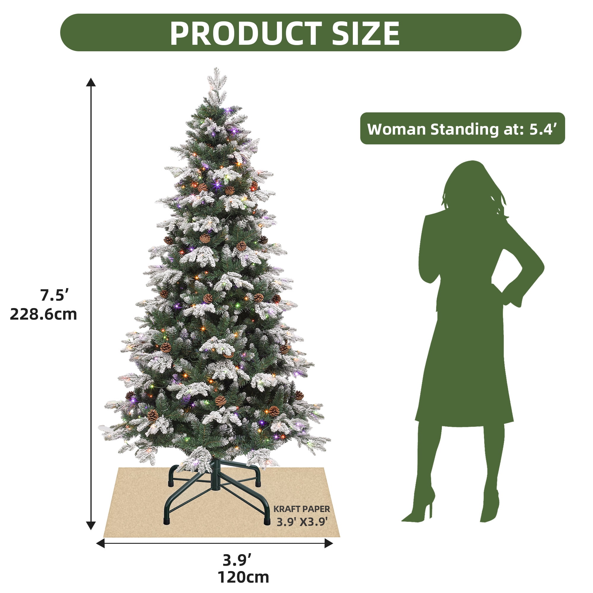 Uforic 7.5ft Prelit Flocked Tiered Christmas Tree with 1200 Tips, 400 Remote-Controlled Lights, and Pine Cones