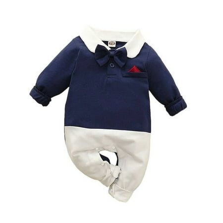 

elfinBE Newborn Infant Baby Boy Lapel Long-sleeved Colorblock Splice One-piece Bodysuit 0-12M