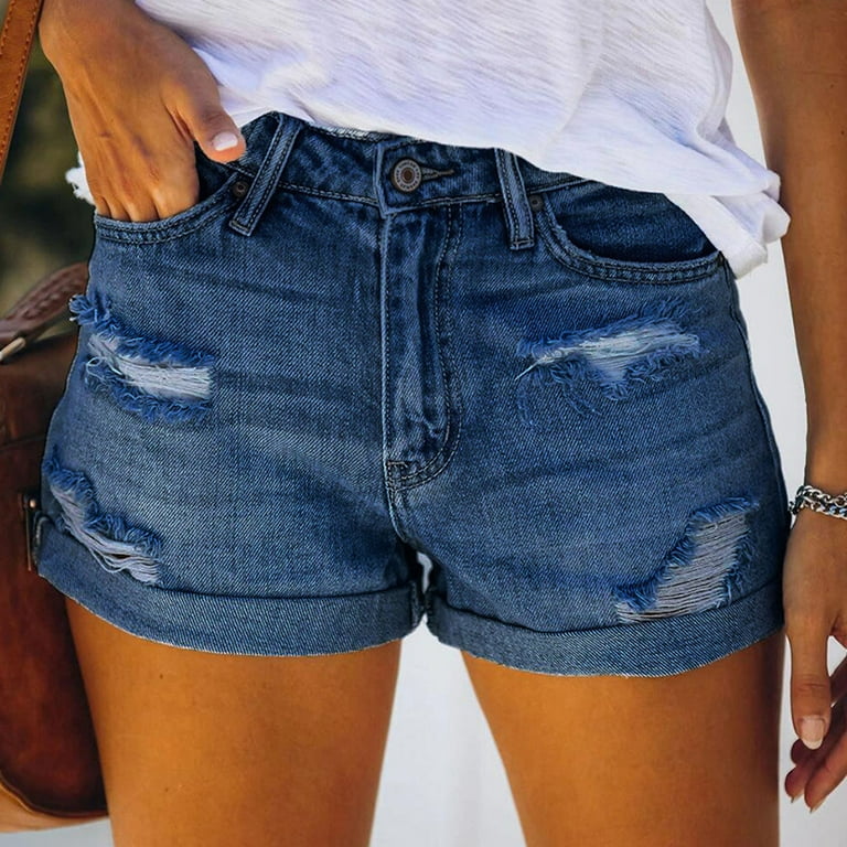 YWDJ Womens Shorts Denim Stretch Tummy Control Pocket Solid Jeans Denim  Pants Female Hole Bottom Casual Shorts Dark Blue S