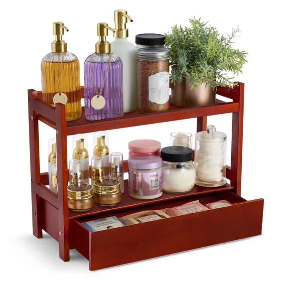 Sorbus 2-Tier Large Bamboo Counter Organizer with Drawer, Brown, Bathroom & Kitchen