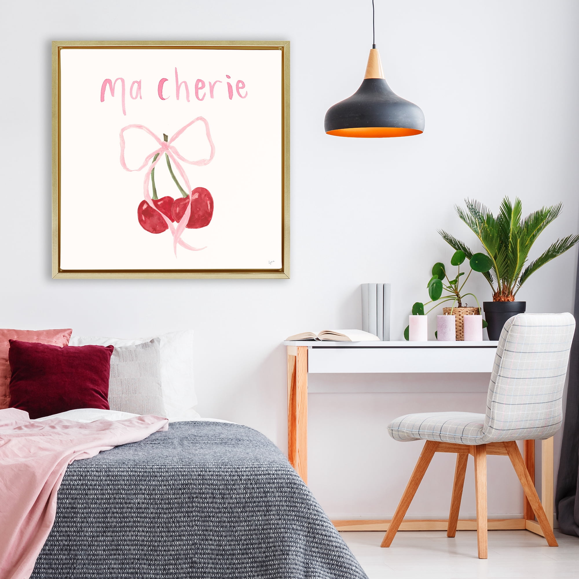 Stupell Industries Ma Cherie Ribboned Cherries Gold Framed Floater Canvas Wall Art, design by Lucille Price