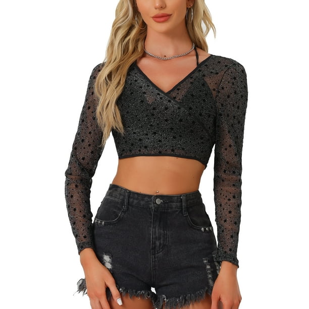 Top corto brillante INSPIRE CHIC para mujer, con estampado de estrellas, lazo autoadherente, brillante, ideal para fiestas y playa, ajuste delgado, color negro, talla M