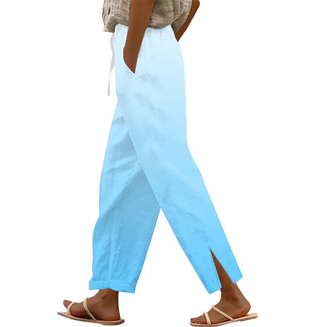 QATAINLAV Womens Cotton Linen Gradient Color Pants Casual Drawstring Elastic Waist Slacks Straight Leg Split Lounge Trousers with Pockets Light Blue M Spring Savings
