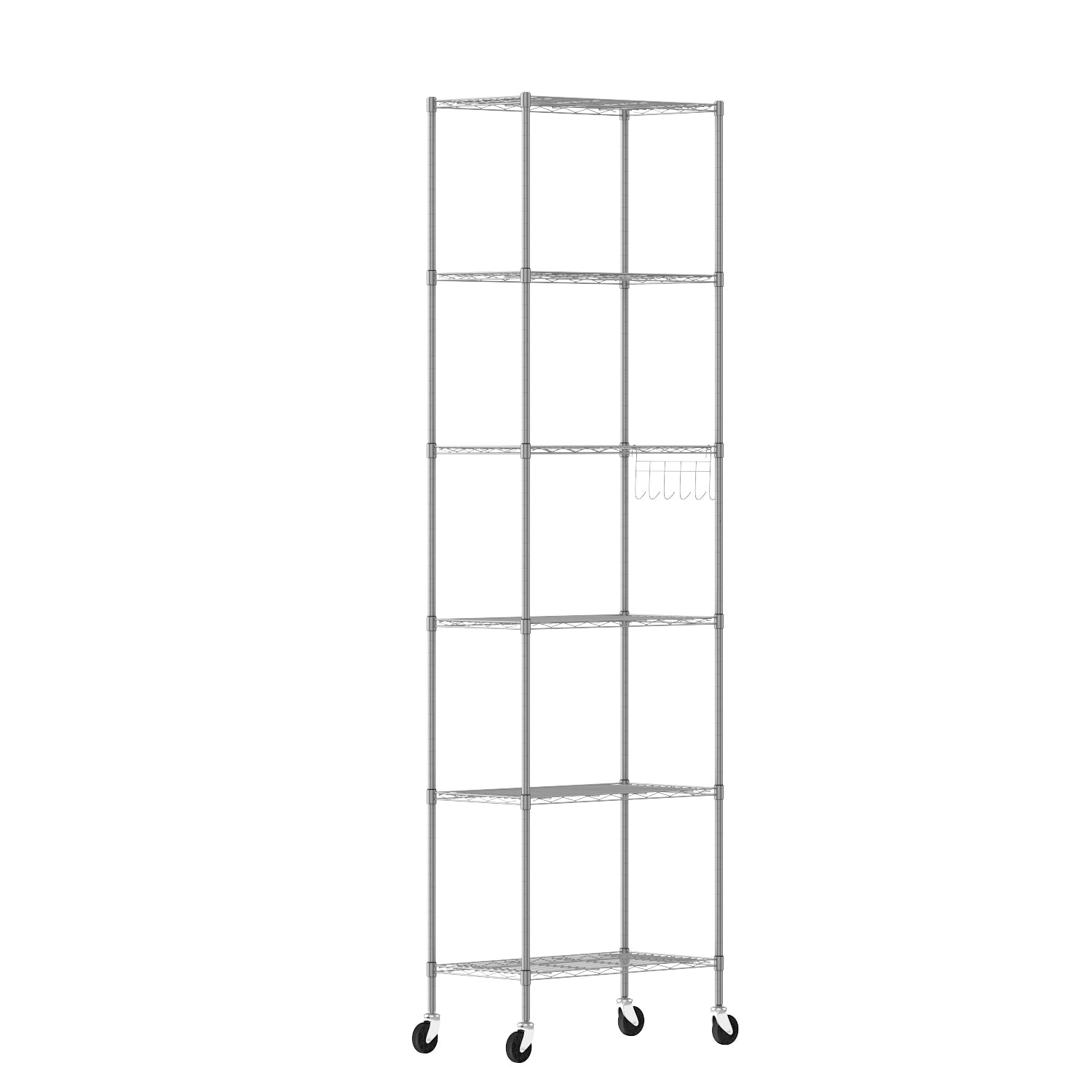Sailvan 6-Tier 72"H Metal Storage Rack with Wheels, Slim Wire Shelving Unit for Pantry Kitchen Bathroom, Adjustable Shelves with Hooks, 530lbs Cap,Silver