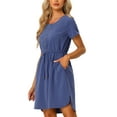 thumbnail image 4 of INSPIRE CHIC Casual Dress for Women's Drawstring Waist Summer Above the Knee Chambray Dress Blue XL, 4 of 5