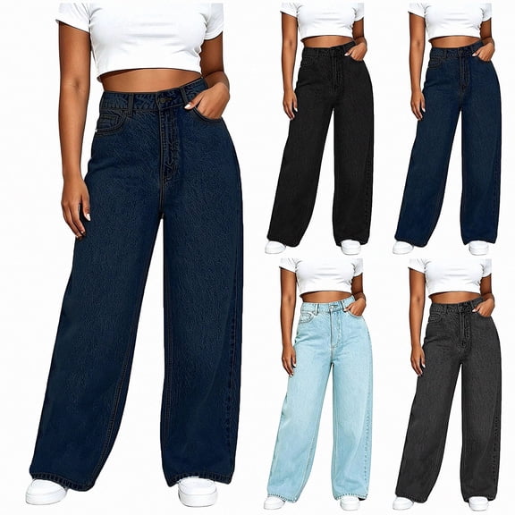 DJDLJWCJ Women Pull On Denim Jeans High Waist Straight Leg Baggy Pants Loose Fit Straight Casual Long Trousers Dark Blue Size XXS