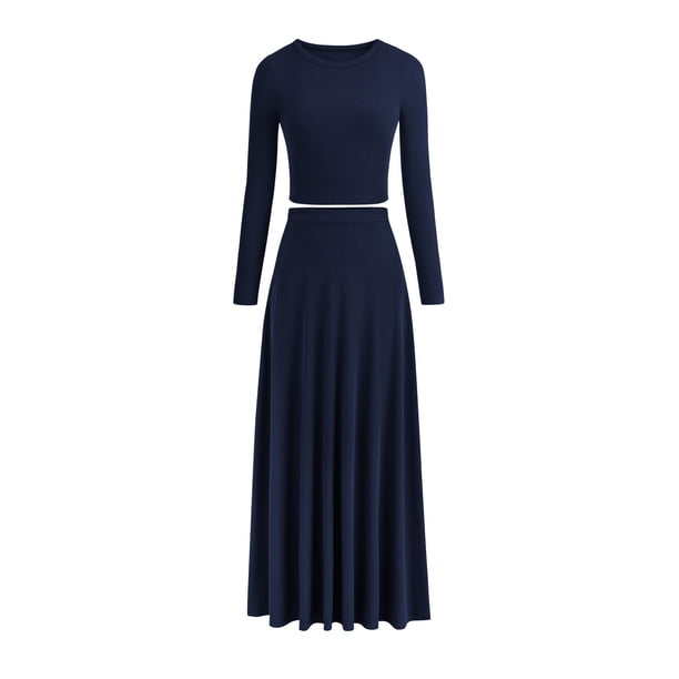 Vestido PRETTYGARDEN Conjunto de Punto Acanalado de 2 Piezas Azul Marino Talla L
