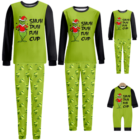 

Family Christmas Pajamas Sets Merry Christmas Claus Cartoon Green Printed Sizes for Adult-Kids-Baby-Pet 2 Pieces Top and Pants Bodysuits Xmas PJS Sleepwear