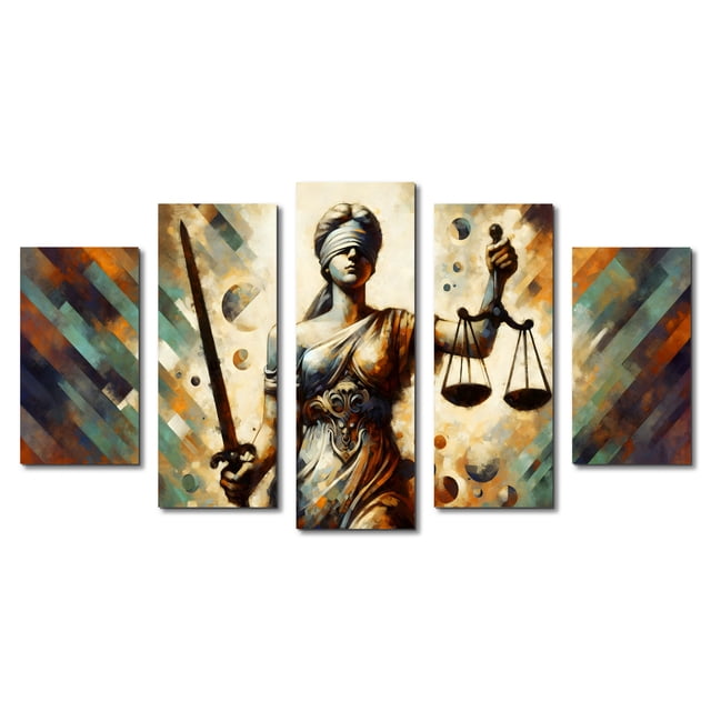 cuadro decorativo para abogados cuadros abigail diosa de la justicia 5 piezas moderno elegante conjunto de cinco paneles que forman la Dama de la Justicia con espada y balanza, tonos beige y ocres, impresión laminada en canvas sobre marcos de madera de pino, medida total 150x80cm, listo para colgar.