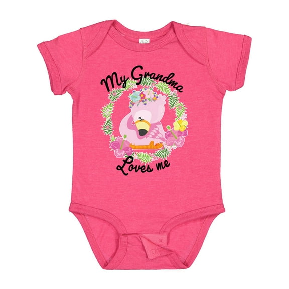 Inktastic Baby Flamingo My Grandma Loves Me with Flower Wreath Boys or Girls Baby Bodysuit