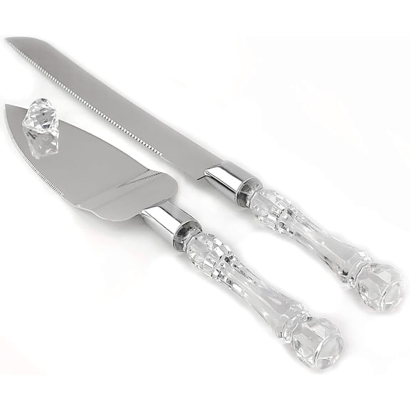 2 set Elegant Cake Knife and Server Set Stainless Steel with Crystal Handle - Perfect for Weddings Anniversaries,and Special Celebrations (Sliver)（Two knives and shovels）