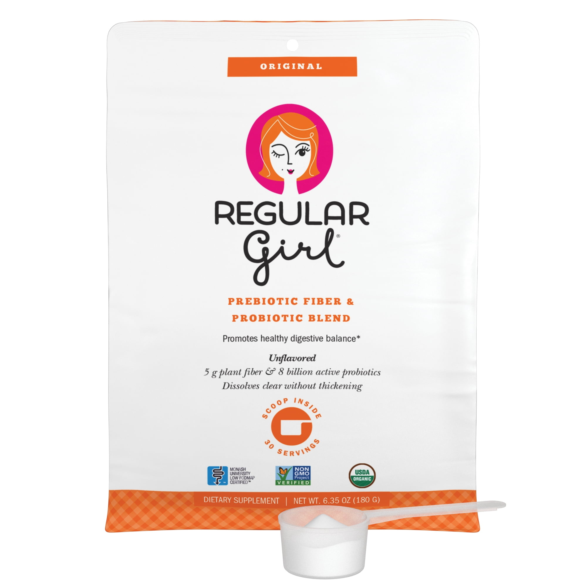 Regular Girl - Organic Powder, Low FODMAP Prebiotic Guar Fiber and Probiotic Support for Comfortable Digestion, 30 Servings