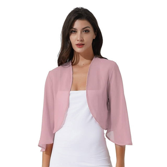 Miaeowve Cardigan Boléro en Mousseline à Manches 3/4 pour Femmes, Veste, Mariage, Fête, Robe de Mariée, Châles, Rose Foncé, m