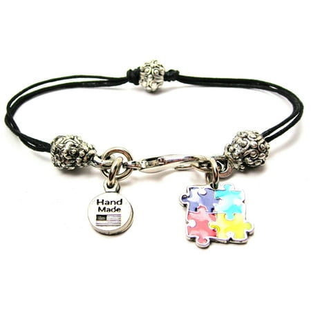 - Autism Puzzle Pieces Hand Painted Pewter Beaded Black Waxed Cord Bracelet