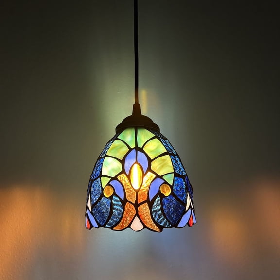 Tiffany Style Mini Hanging Lamp Green Blue Stained Glass LED Bulb Included 6”W*6”D*50”H