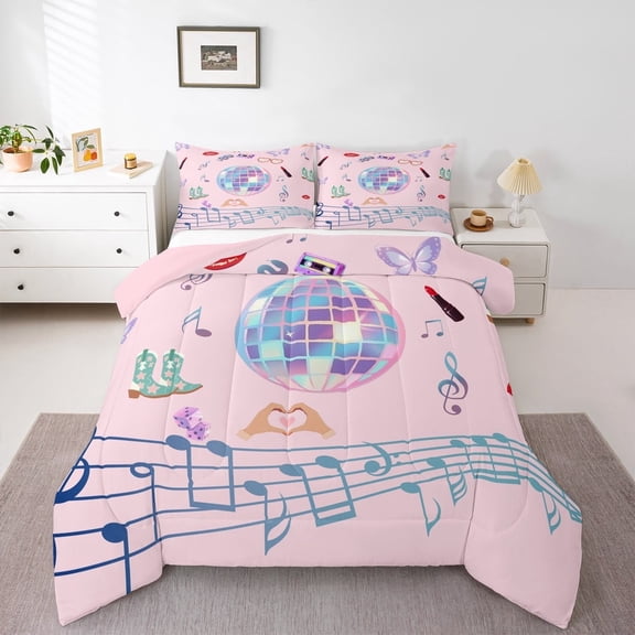 Erosebridal Girls Pink Bedding Sets Twin with Comforter,Music Melody Duvet Insert,Boots Cosmetics Comforter Sets Twin Size For Princess,Lightweight Bedroom Decorative Reversible，2pcs