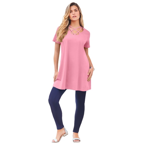 Roaman's Women's Plus Size Ultimate Lattice Neck Short Sleeve Tunic