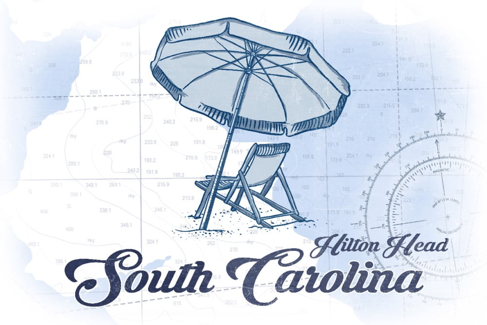 Hilton Head, South Carolina, Beach Chair and Umbrella, Blue, Coastal Icon (36x54 Giclee Gallery