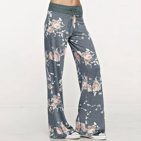 

〖Roliyen〗Palazzo Pants For Women Comfy Baggy Casual Pajama Pants Floral Print Drawstring Lounge Pants Wide Leg