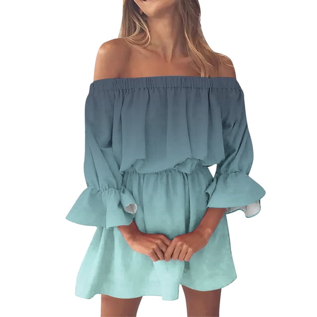 Kcodviy Robe d'Été Décontractée pour Femmes à Épaules Dénudées, Robe à Col en V Ample à Imprimé Floral Boho, Robes Maxi pour Femmes, Robe d'Été Décontractée, Blouse à Manches Évasées, Robe d'Été Décontractée pour Femmes, Robes Mini avec Manches Mi-Longues