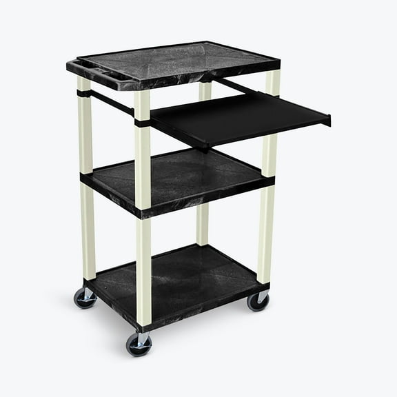 Luxor Tuffy 42" H Three-Shelf Multi-Purpose Utility Cart with Keyboard Tray and Electric, 24" W x 18" D, Black Shelves/Putty Legs