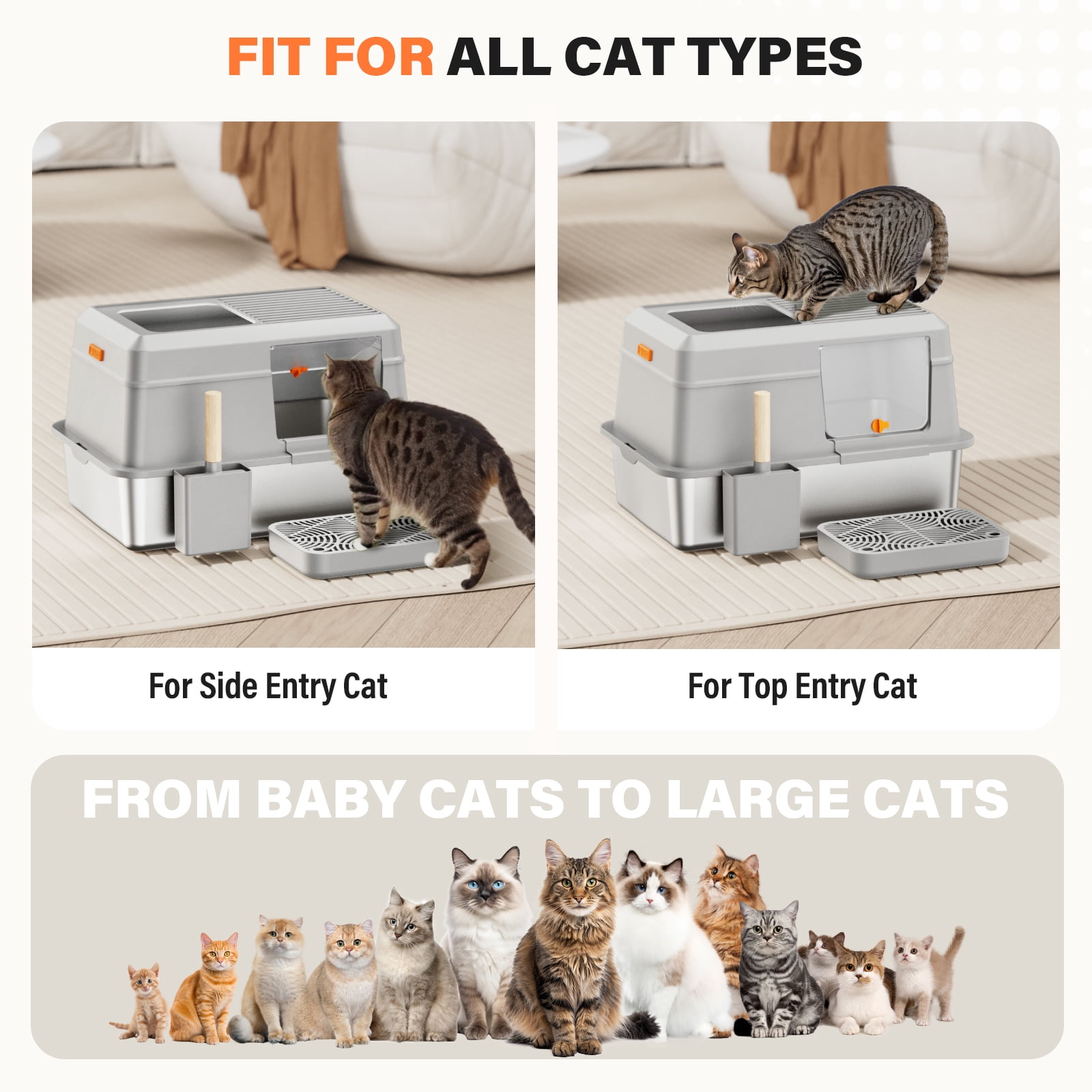 Removable Stainless Steel Cat Litter Box with lid, Side & Top Entry Kitty LitterBox，Cat Litter Box Enclosure, XL Extra Large High-Sided Metal Cat Box with Scoop, Footboard（Grey）
