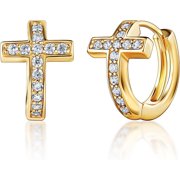 COVE 18k Gold Plated Crystal Cross Huggies 0.5in length Earrings for Women - Made In Brazil