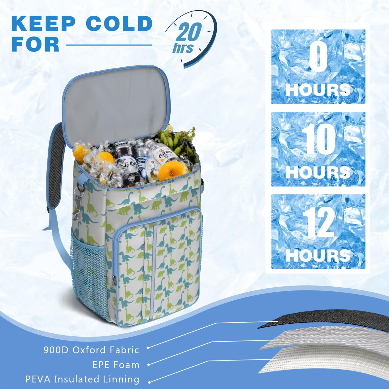 Travel Cooler Bag - Blue Green Cartoon Dinosaurs Silhouettes Pattern Camping Beer Cooler Backpack with Bottle Opener- Waterproof Insulated Picnic Backpacks - Cooler Bag for Beach