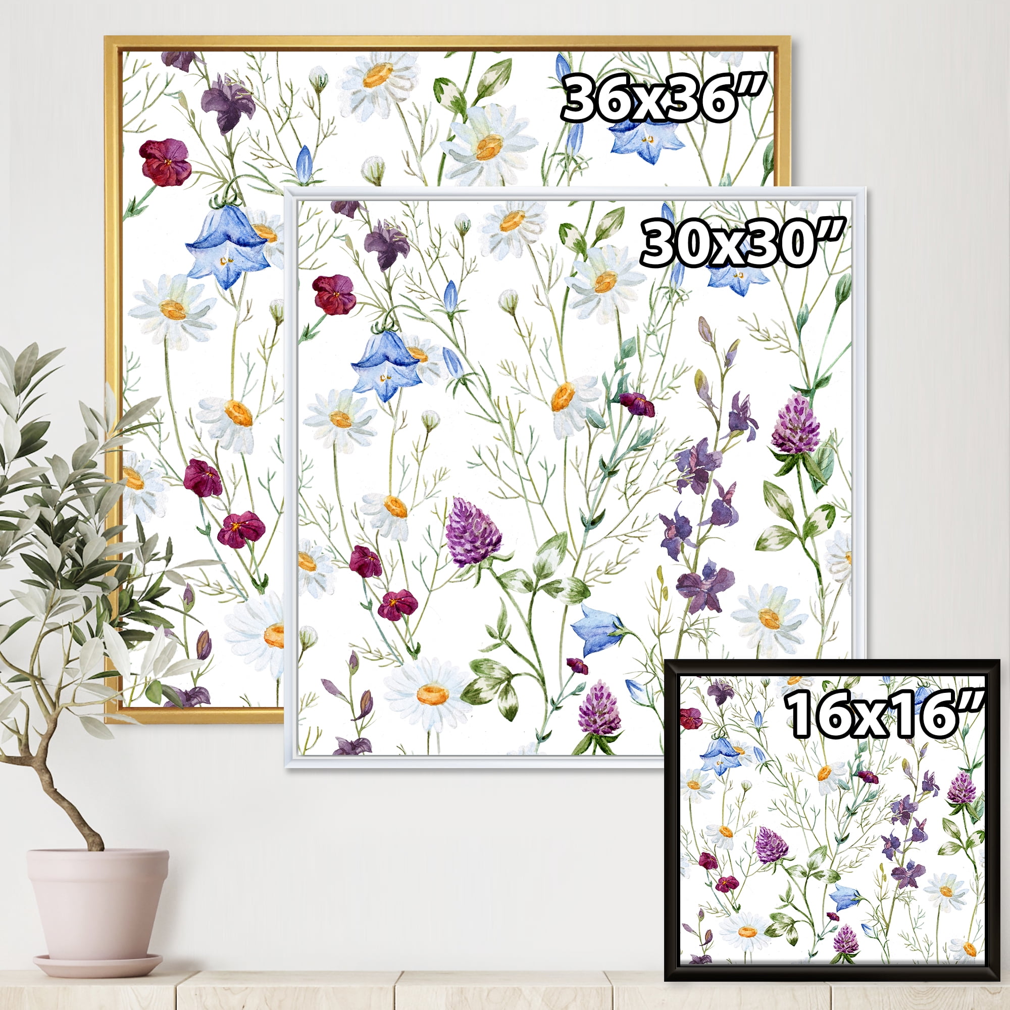 Designart 'Wildflowers Clover Bell and Chamomile I' Traditional Framed Canvas Wall Art Print