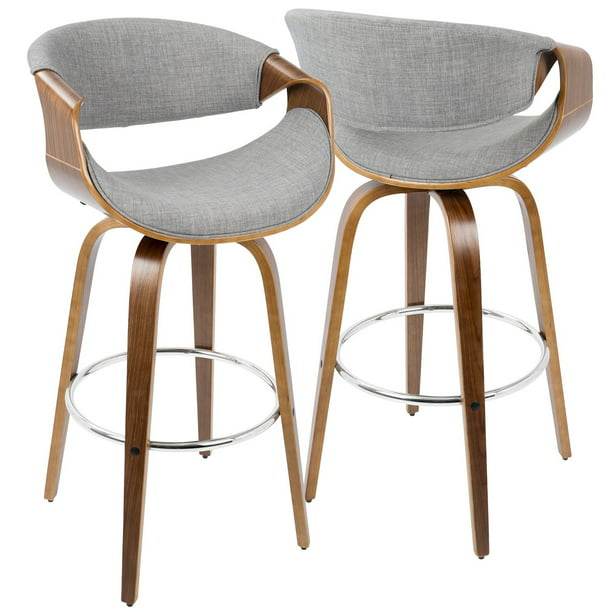 Set Of 2 Walnut And Gray Faux Leather, Comfortable Leather Bar Stools With Backs