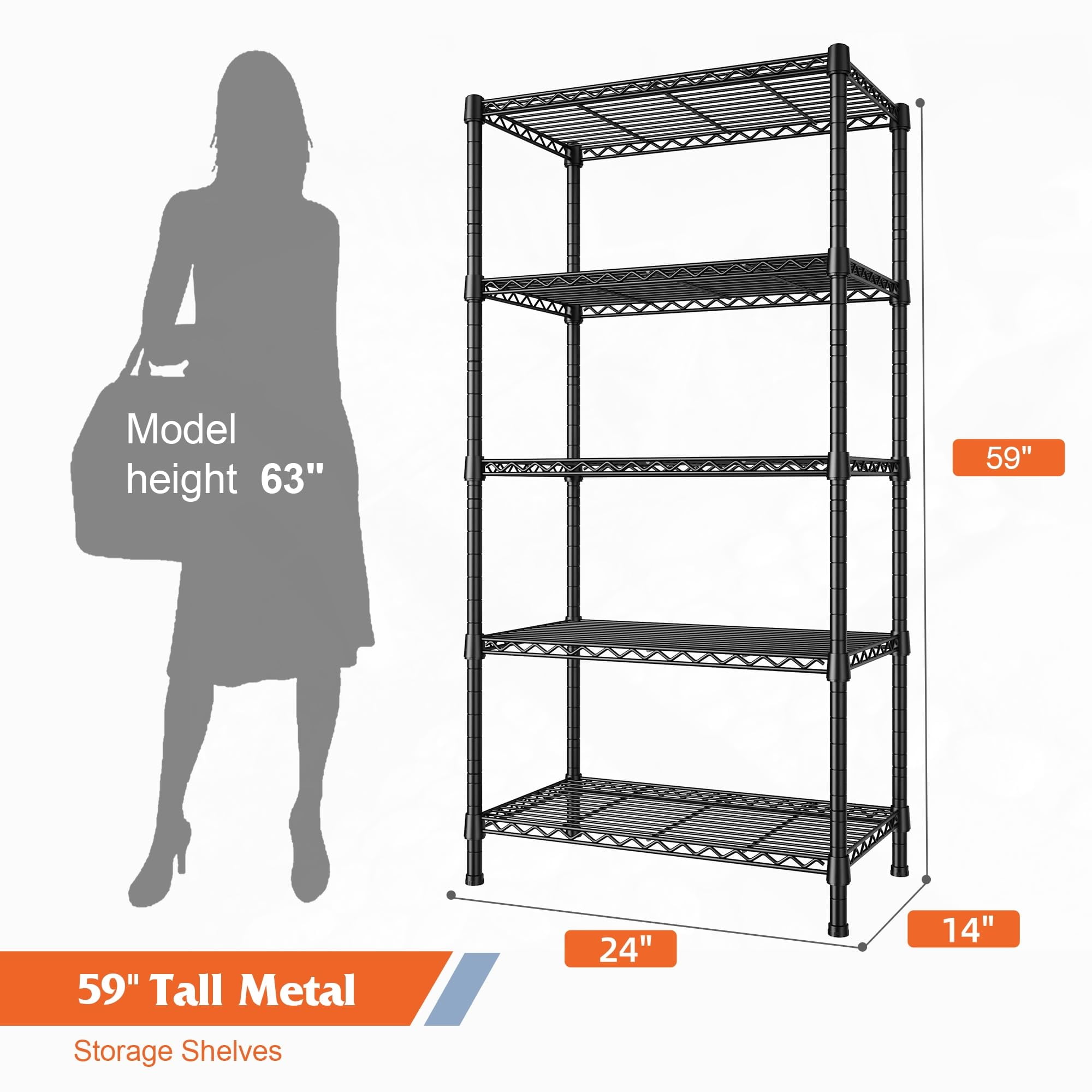 REIBII Wire Shelving Rack 5-Tier Metal Storage Shelves Adjustable Garage Shelving,24" W X 14" D X 59" H