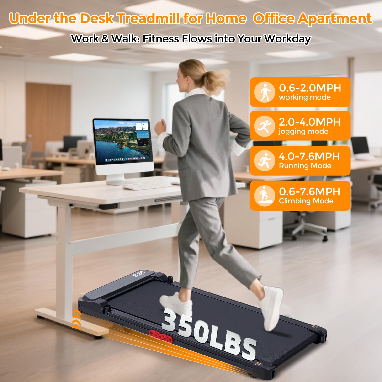 HevGlrm Walking Pad Treadmill with Handles for Home Workouts,Portable Compact Treadmills Under Desk Walking Pads with LED Display,350lbs Capacity