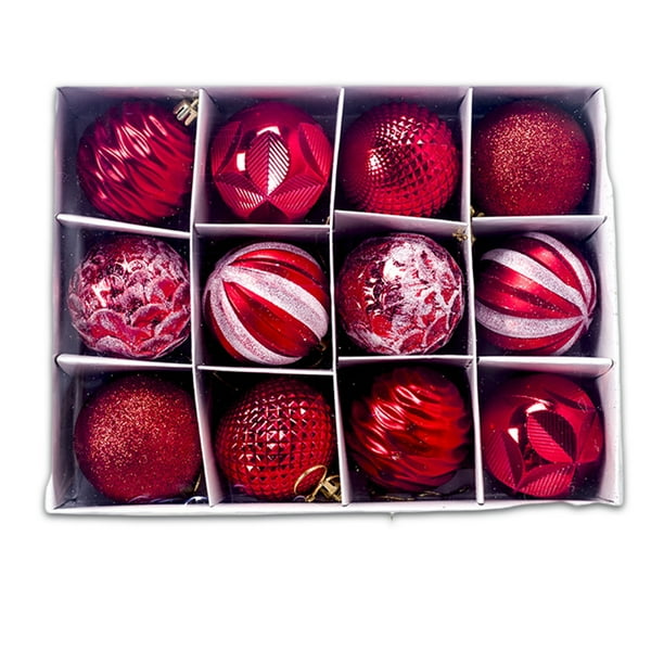 Bearachild Bola colgante de plástico para árbol de Navidad, 12 piezas, extraíble, 12 patrones, adorno para oficina, centro comercial, festival, Kits de decoración para fiestas Rojo Bearachild HA008097-01