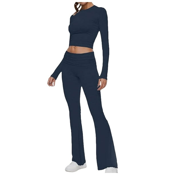Conjuntos de dos piezas para mujer: pantalones acampanados con vuelta, top corto de manga larga, conjuntos informales