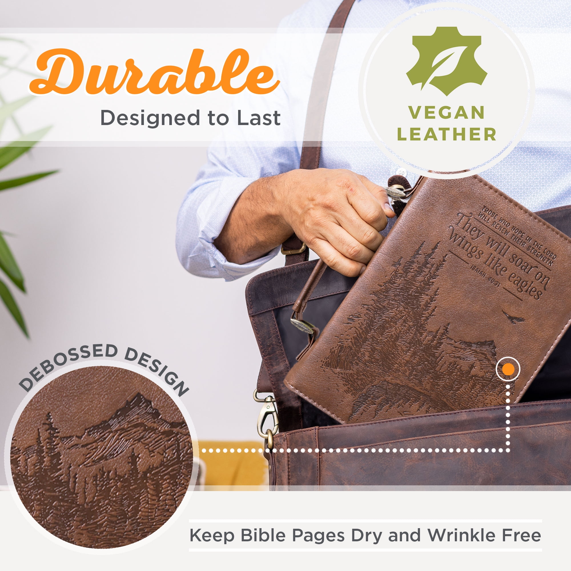 Christian Art Gifts Men's Classic Bible Cover On Wings Like Eagles Mountain Isaiah 40:31, Brown Faux Leather, Large