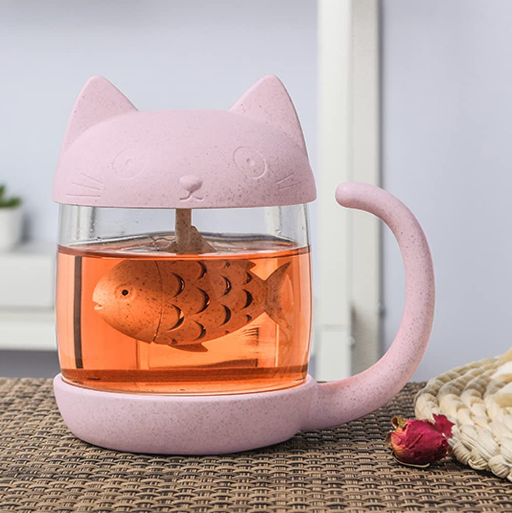 Mengcat Cute Cat Glass Tea Cup with Fish Infuser Tea Coffee Drinking Mug  with Cat Shape Lid for Loose Leaf Glass Cup 8Oz Pink - Walmart Business  Supplies
