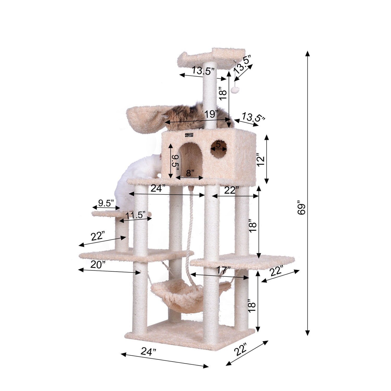 Armarkat 69-in Mult -Level Real Wood Cat Tree Hammock Bed, Climbing Center for Cats and Kittens A6901 Beige