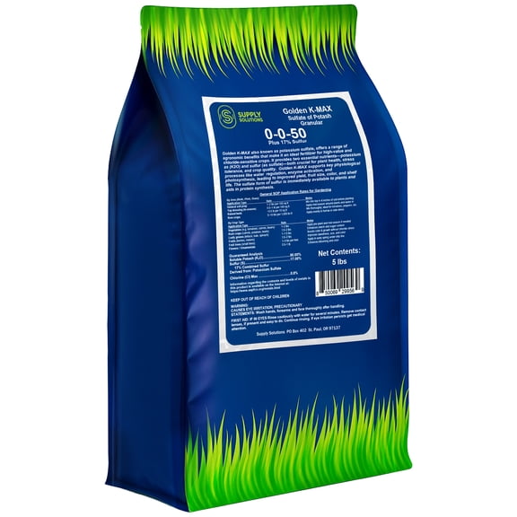 Supply Solutions | 0-0-50 Plus 17% Sulfur | Golden K-Max Sulfate of Potash (SOP) - Granular Fertilizer | High Potassium Plant Fertilizer for Indoor and Outdoor Garden - Stronger Roots - 5lbs