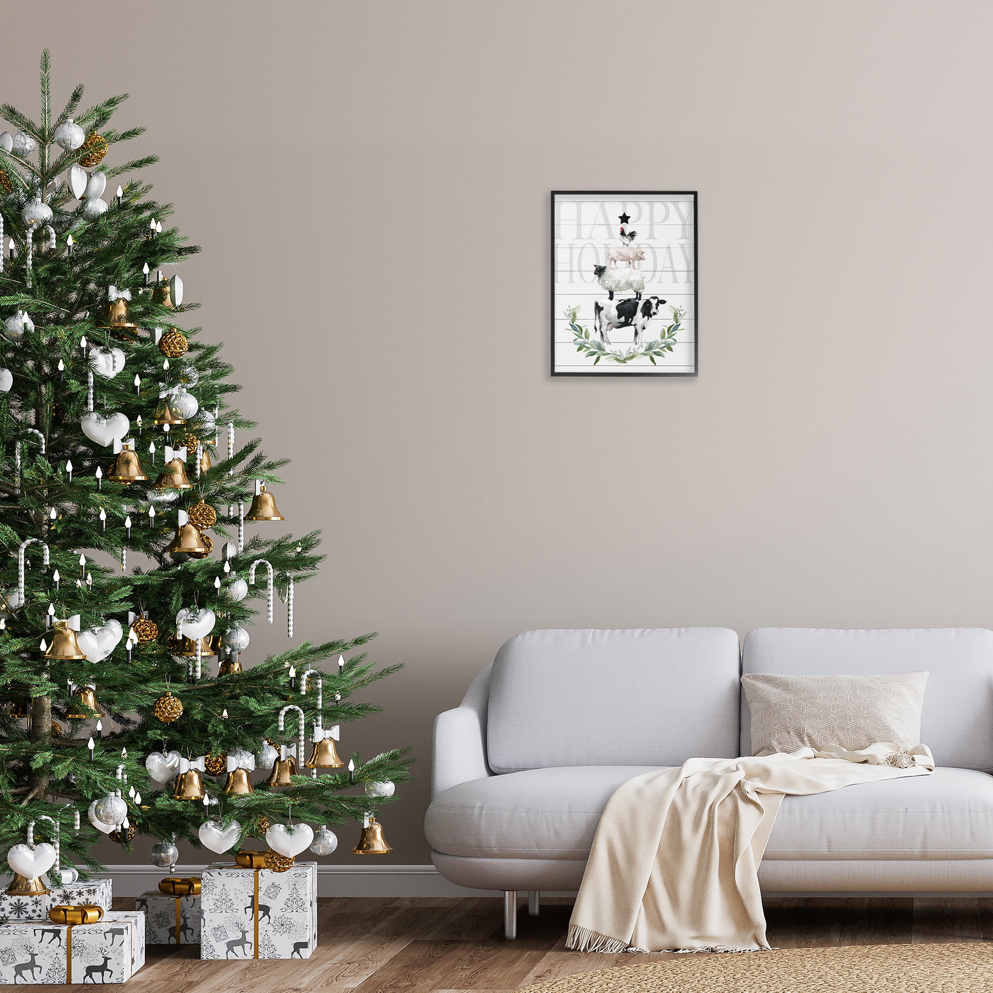 Stupell Industries Happy Holiday Farm Animals Holiday Painting Black Framed Art Prints Wall Art, 16 x 20