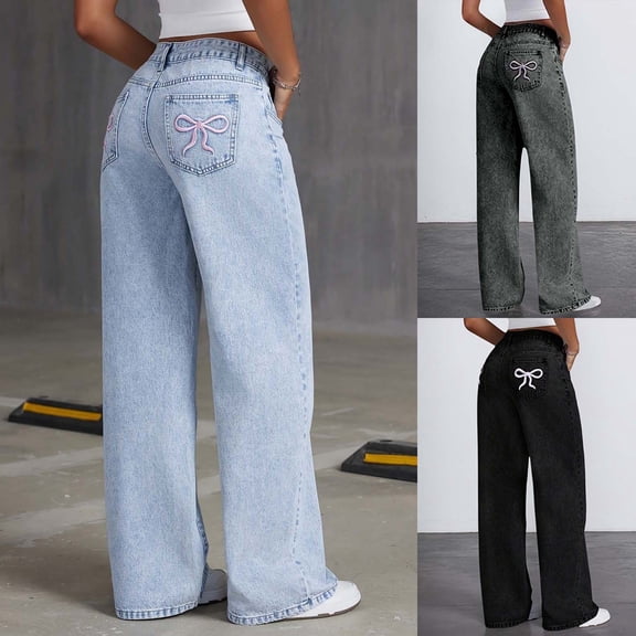 RTKFRFLM Girls High Waisted Denim Trousers Wide Leg Relaxed Fit Jeans with Back Pocket Embroidery for Big Kids Fashion School Streetwear Daily Wear Light Blue 15-16 Years