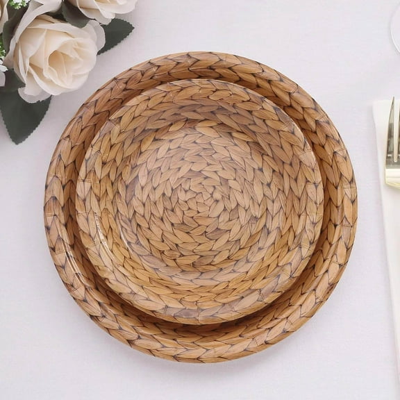 Efavormart 25 Pack Natural Paper Dessert Appetizer Plates With Woven Rattan Print, 7" Round Rustic Farmhouse Disposable Salad Plates - 300 GSM