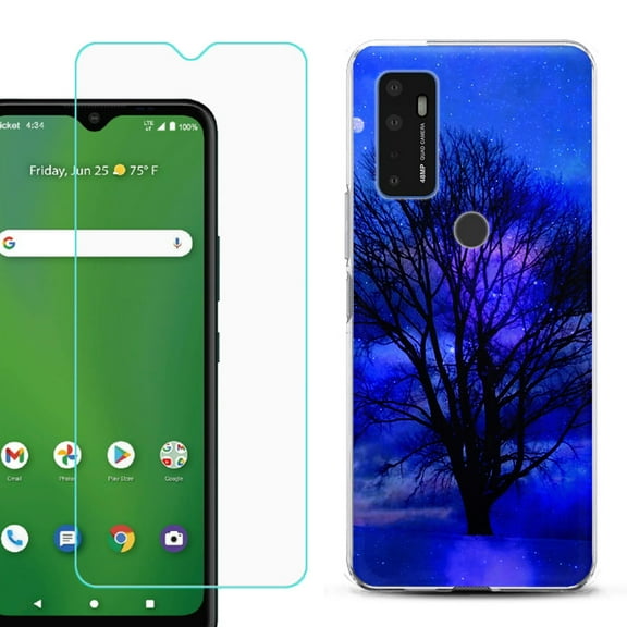 Shockproof Bumper Phone Case for AT&T Radiant Max 5G / Fusion 5G, with Tempered Glass Screen Protector, by OneToughShield ® - Night Tree