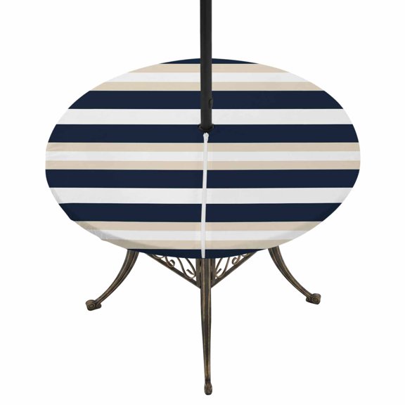 Outdoor Tablecloth with Umbrella Hole and Zipper Navy Blue Stripes Round Fitted Table Cover with Elastic Waterproof Khaki Striped Patio Tablecloths for Picnic BBQS Garden Dinner Party Fit 45"-54"