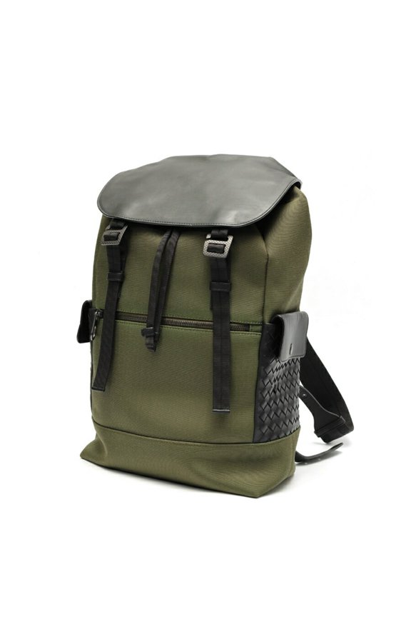 Pre-Owned Bottega Veneta Sassolungo Backpack 520460 Nylon/Leather Khaki/Black