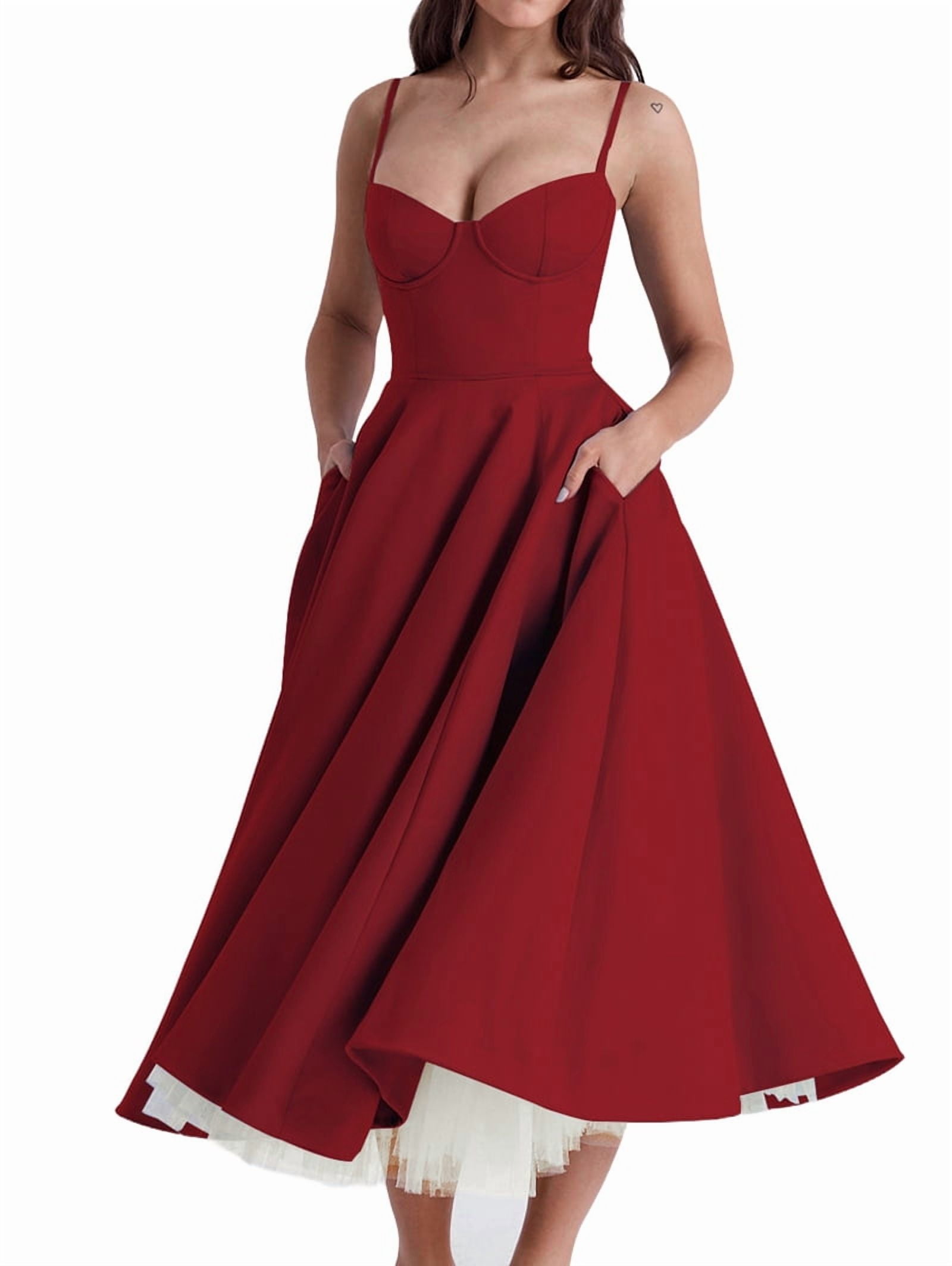 Wedding Guest Dresses for Women Spaghetti Straps Corset Homecoming Floral Lace Maxi Prom Dresses Red L